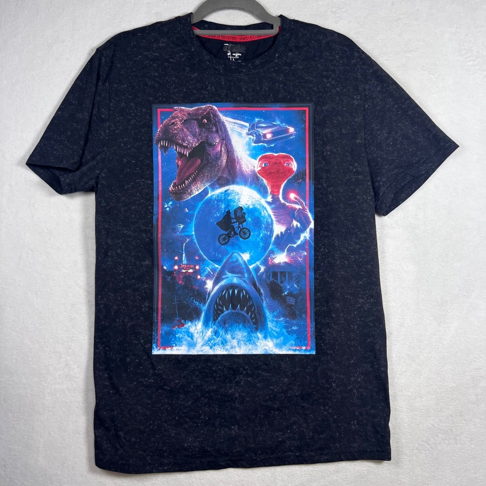 Universal Studios Extraordinary Movie Mashup T-Shirt Jaws Jurassic Park ET L